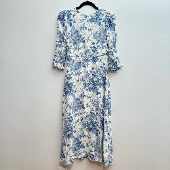 REFORMATION Carolena Floral Print Midi Dress White & Blue Slit Womens Size 4P - Picture 1 of 10